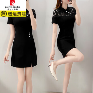 Pierre cardin plus size summer dress for women slimming belly-covering little black dress for fat mm cheongsam style improved version chinese style retro slit dress black m recommended 92-103 jin jin is equal to 0.5 kg