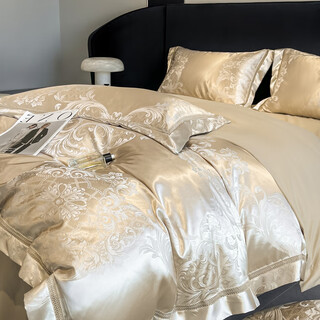Mercury series advanced class a 120 thread count satin jacquard four-piece set light luxury cotton quilt cover sheets pure cotton super soft naked sleeping bedding class a super soft naked sleeping-muse-champagne 1.8 meter bed sheet four-piece set-quilt cover 200x230