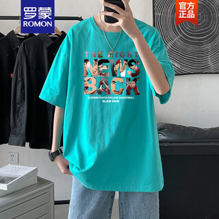
ROMON American heavyweight short-sleeved T-shirt men's summer trendy loose and versatile casual half-sleeved T-shirt couple top fashion [3888* slam dunk] Lake green M 80-105Jin [Jin equals 0.5 kg]
