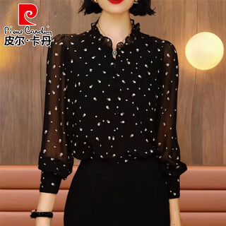 Pierre cardin mother's black polka dot long sleeve chiffon shirt women's thin 2025 new spring shirt feminine top black loose slim shirt m 110-125jin jin is equal to 0.5 kg