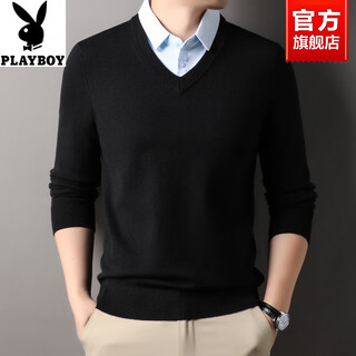 Playboy men's fashion shirt lapel fake two-piece knitted sweater 2025 autumn and winter new thick business versatile casual sweater black thickened cj017 l 120-140jin jin equals 0.5 kg
