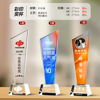 格普水晶奖杯定制创意刻字玻璃奖杯比赛运动会颁奖礼品退伍礼物纪念品 02款销售冠军【高清彩印】 具体尺寸咨询客服、量大优惠！