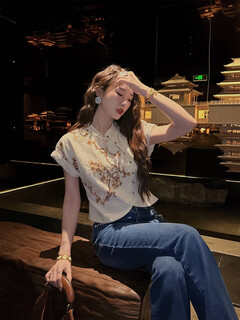 Sanji black flower huawojiu new chinese style national style women's wear 2025 new short sleeve shirt temperament women's top milk white l