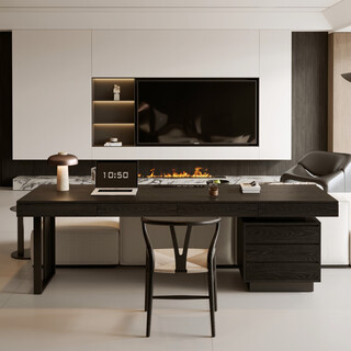 From now on, black italian solid wood desk and bookcase integrated living room, large long work table, cross hall sofa, rear long table with socket, ash wood desktop - black, 4 drawers 180x60x75cm