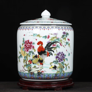 Junkiss jingdezhen ceramic rice jar home kitchen storage jar with lid sealed moisture-proof and insect-proof loose tea cake barrel decoration family portrait 25jin jin equals 0.5kg water capacity + base