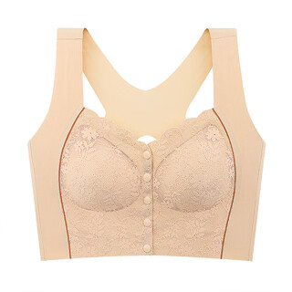 Large size wireless bra new lace glued front button underwear women's large elastic vest style extended bottom skin color l size