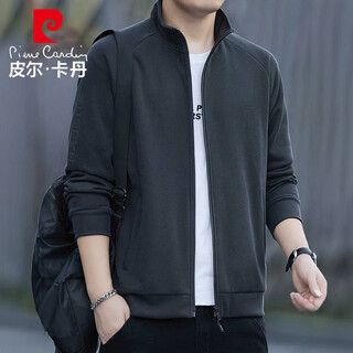 Pierre cardin jacket men's spring and autumn stand collar loose versatile simple casual fashion loose top dark gray 2xl