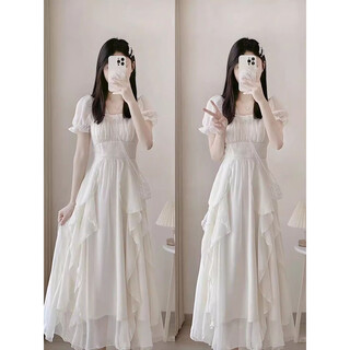 Yunju dress skirt women's summer 2025 new light luxury high-quality white long dress french seaside beach dress pure desire off-white beaded fairy dress 2xl recommended 125-140jin jin is equal to 0.5 kg