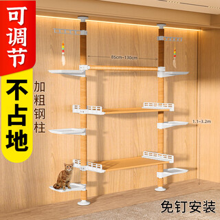 Igno cat climbing frame, playing and sleeping in one, cat tree, cat nest ladder, hammock frame, metal large cat climbing frame, white, two vertical and one horizontal, 6 generous platform, 2 arms + 2 hammocks, no need for drilling, height 1.1~3.2m adjustable