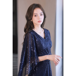 Timochi banquet large size evening dress 200jin jin is equal to 0.5kg female fat mm temperament slimming sequined long annual meeting dress navy blue 3xl