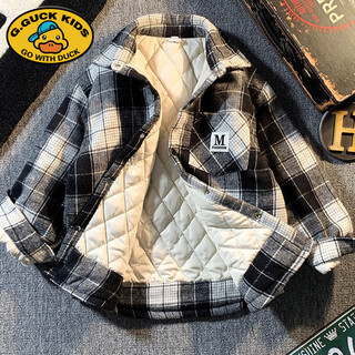 G.duck boys' shirts, quilted and thickened, winter padded shirts, korean style brushed thin cotton jackets, children's cotton coats 2025 new style, black and white plaid, quilted, thickened 120 cm