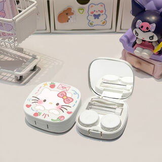 Kaooseen contact lens box, contact lens box, cute kt cat portable full set of tools, contact lens cleaner with tweezers, mirror, blush hello kitty contact lens box, cream white