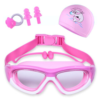He jiagong children's swimming goggles waterproof and anti-fog high-definition large frame boys' diving equipment girls' swimming goggles and swimming cap set 80 flat pink swimming goggles + pu swimming cap + nose clip earplugs