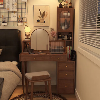 Shitingfang solid wood dressing table mid-autumn style solid wood dressing table storage cabinet integrated dressing table small household narrow house solid wood - walnut color dressing table + stool