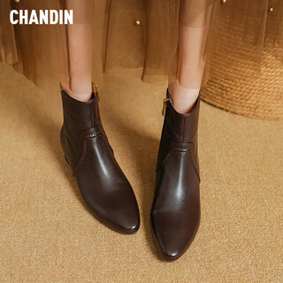 Asamachi giant easy to wear french retro soft sheepskin low-heeled short boots for women new autumn and winter pointed toe ankle boots women's single boots dark brown 36