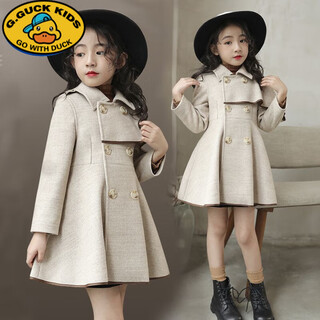 G.DUCKKIDS小黄鸭女童毛呢外套秋冬新款女宝呢子大衣中长款童洋气女孩子 卡其色 160