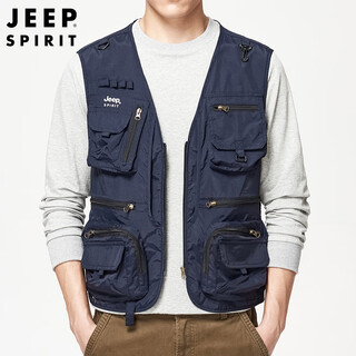 JEEP SPIRIT吉普马甲男春秋季户外钓鱼多口袋外套无袖背心上衣男装 深蓝 XL