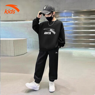 安踏儿童套装男中大童2025秋冬季新款运动2件套青少年女孩卫衣卫裤子 黑色+黑色 印花卫衣+基础卫裤 170 cm