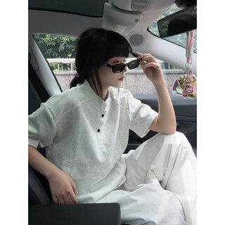 Shelley jones gray henley collar right shoulder short sleeve polo shirt men's summer american retro high street t-shirt heavy splicing half sleeve light gray 2xl recommended 140-160jin jin equals 0.5 kg