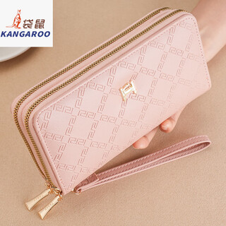 Kangaroo brand trendy women's wallet long double zipper mobile phone bag student wallet large capacity clutch bag soft coin purse pink