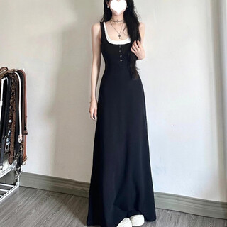 Fu jian french hepburn style black fake two-piece suspender dress for women summer 2025 new style small temperament long dress fake two-piece black suspender dress m