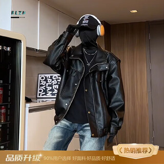 Main style (zhuyifan) american structure splicing motorcycle leather jacket men's autumn trendy brand tough guy bomber jacket workwear handsome pu top black fabric upgrade l