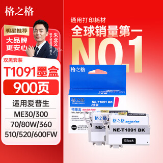 格之格T1091黑色墨盒NE-T1091BK 2支装适用爱普生ME30 ME300 ME360 ME70 ME510 ME520 ME600F打印机墨盒