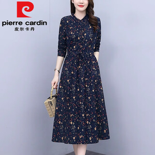Pierre cardin high-end pure cotton floral dress women's long-sleeved 2025 new waist long style middle-aged mother spring and autumn skirt navy m (recommended 95-105 jin jin equals 0.5 kg)