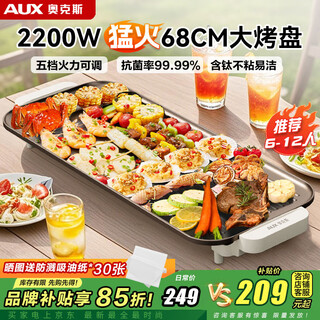 Aux barbecue pot, electric griddle, electric grill, household indoor smokeless outdoor skewer machine, integrated grill pan, increased firepower, non-stick, less oil, easy to clean, multi-functional grilled fish plate, teppanyaki, 6-12 people, extra large size/high power, 1 layer
