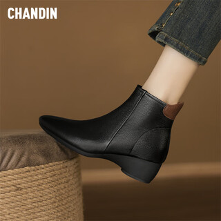 Asamachi first layer sheepskin pointed toe single boots small naked boots for women new autumn and winter zipper wedge heel short boots fashion leather boots for women black 37