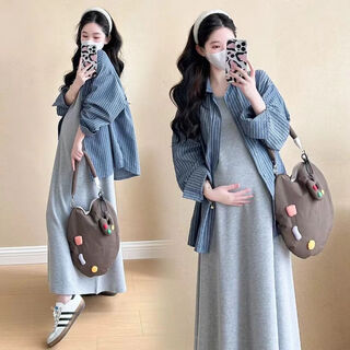 Pregnant woman autumn suit 2025 new early autumn lazy style suit shirt two-piece vest long skirt spring and autumn gray vest skirt + striped shirt (suit) xl recommended 130-150jin jin equals 0.5 kg