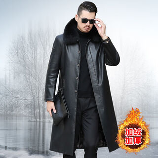 An chuxia middle-aged and elderly long knee-length leather windbreaker men's autumn and winter warm genuine good leather men's dad winter coat warm whole body long black + fur collar thickened xl 180/recommended weight (135-150jin jin equals 0.5 kg)