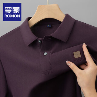 Romon high-end pure cotton 100% long-sleeved t-shirt men's autumn and winter new lapel polo loose and versatile men's bottoming shirt purple - new long-sleeved xl recommended 130-150jin jin equals 0.5 kg