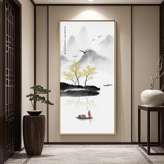 Zilang zen decorative painting new chinese style hanging painting entrance vertical mural hotel tea room corridor aisle wall ink landscape painting 03-autumn 70*140 wood grain yellow frame (ps frame + canvas)