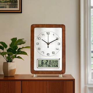 Combas walnut table clock classic chinese desktop clock tv cabinet entrance high-end light luxury perpetual calendar solid wood clock 542 (walnut/hourly time)