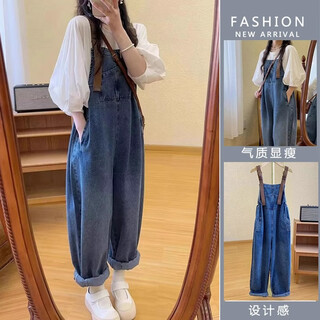 Cream rabbit maternity suit, belly-proof denim overalls top, two-piece set, new autumn outerwear, trendy mom's age-reducing outfit, white top + denim overalls l