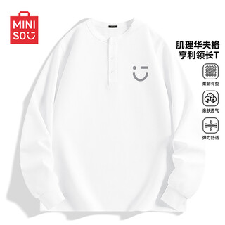 Miniso american heavyweight henley collar long sleeve t-shirt men's spring and autumn japanese smiley face pattern autumn waffle henley shirt white (m22 light gray smiley face chest label) m /170 (same style for men and women)