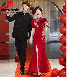 Pierre cardin new chinese-style cheongsam toast wear bridal wedding return wear burgundy long waist mermaid slit engagement dress burgundy m