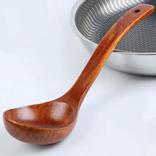 Hanpoko wooden spoon, long handle spoon, household japanese and korean style large and small porridge spoon, wooden rice colander, spoon and engraving wholesale, solid wood integrated molding, natural glaze color, large curved soup spoon 27cm (suitable for serving soup and porridge in the pot)
