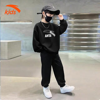 Anta children's suit for boys, middle and older children 2025 spring and autumn new sports 2-piece set for teenagers and girls sweatshirt and sweatpants black + black printed sweatshirt + letter sweatpants 150 cm
