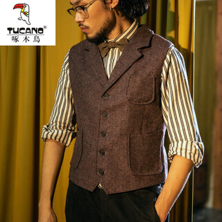 Woodpecker spring and autumn american retro tweed suit vest men's suit collar woolen vest british fashion red coffee s