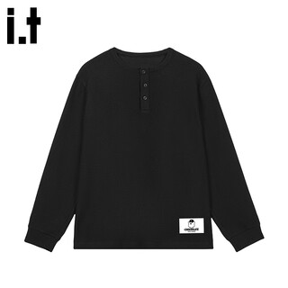 Chocoolate it waffle long-sleeved top men's 2025 autumn black versatile casual pullover henley shirt black 3xl recommended 170jin jin equals 0.5kg -190jin jin equals 0.5kg