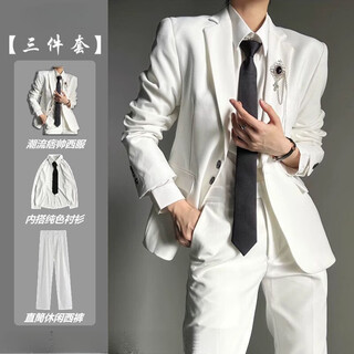 An chuxia white high-end right shoulder suit for men ins relaxed neutral style handsome minimalist suit jacket for men and women three-piece white suit + white shirt + white trousers black l
