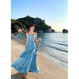 Duofanlian spot high quality 2025 spring and summer style mermaid ruffle suspender dress birthday cocktail dress long skirt for women blue m