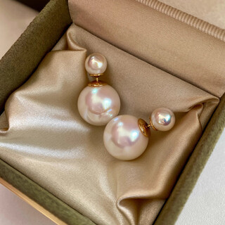 Earrings, french pearl earrings, the same style as stars, high-end and temperament, new earrings, birthday gift for girlfriend, pink maple, double pearls 8+16mm, 925 silver needle