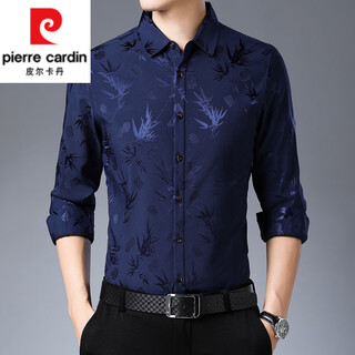 皮尔卡丹（pierre cardin）真丝花衬衫男长袖桑蚕丝春秋寸衣中年爸爸装加绒加厚印花上衣 藏青色F3768 L 170/120-140斤穿
