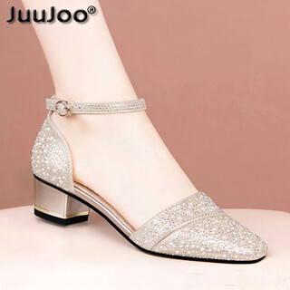 Juujoo summer new leather thick heel sandals for women square toe medium heel bag toe strap sandals for women rhinestone pearl sandals for women gold 38