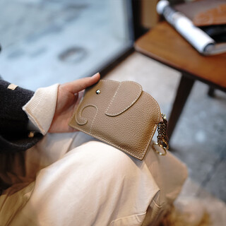 胖东来同款钥匙收纳包可爱卡通牛皮质感时尚小巧耳机银行卡硬币钥 大象-卡其