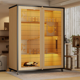 Moji household cat villa with toilet, integrated cat cage, extra large space, luxurious shelf cat climbing frame, panoramic iron mesh cattery, cattery - log 60*45*90 new iron mesh, self-installation and free universal wheels + led lights