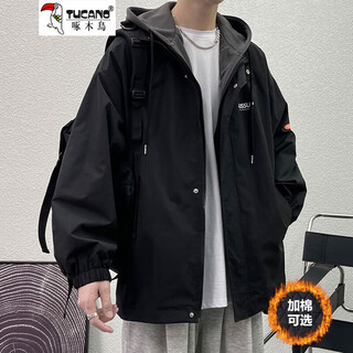 Woodpecker (tucano) jacket men's spring and autumn men's fake two-piece hooded assault jacket student couple loose cotton clothes men 302-black spring and autumn style l 100-120jin jin equals 0.5 kg